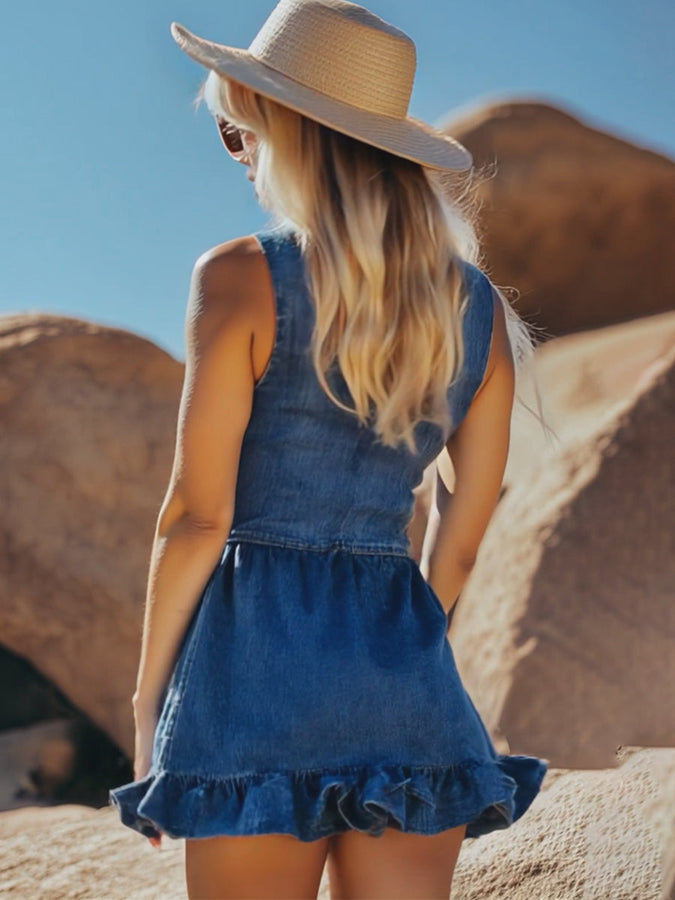 Robe Mini en Jean à Volants Sans Manches - Livraison Rapide en 24 Heures!