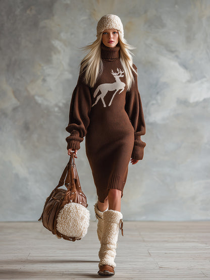 Robe Midi Tricotée Marron à Col Haut avec Élégant Motif de Cerf Vintage pour Noël