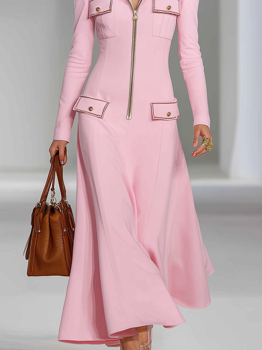 Robe Maxi Rose à Col en Fourrure Rétro Style Western