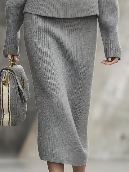 Ensemble Vintage en Tricot Gris avec Jupe et Col en V Élégant