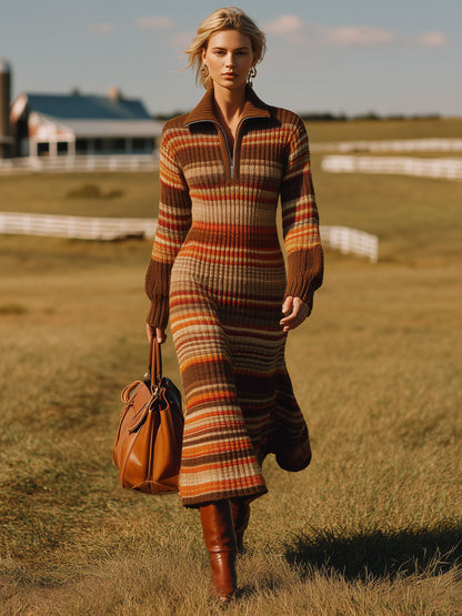 Robe Midi Rayée Rouge et Marron à Demi-Zip au Style Rétro