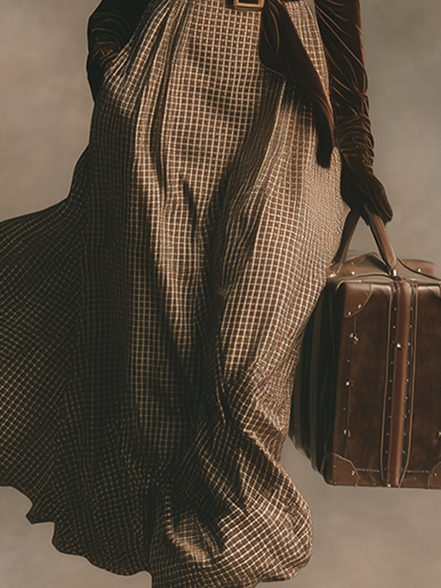 Robe Maxi en Velours Brun à Motif Carreaux avec Col en Pile Chic