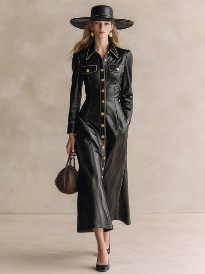 Robe Maxi Noire en PU avec Boutons Frontaux et Col Tendance