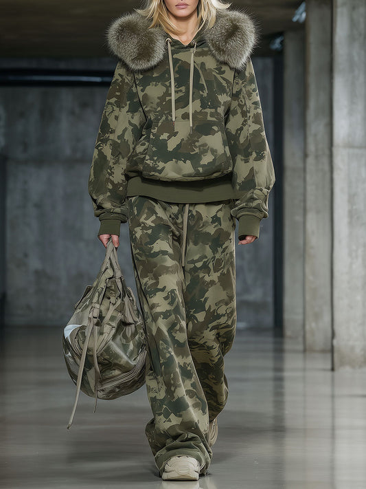 Ensemble Décontracté en Camouflage : Sweatshirt à Col en Fausse Fourrure et Pantalon Large