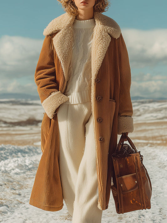 Veste Rétro en Velours Côtelé Camel avec Doublure Polaire