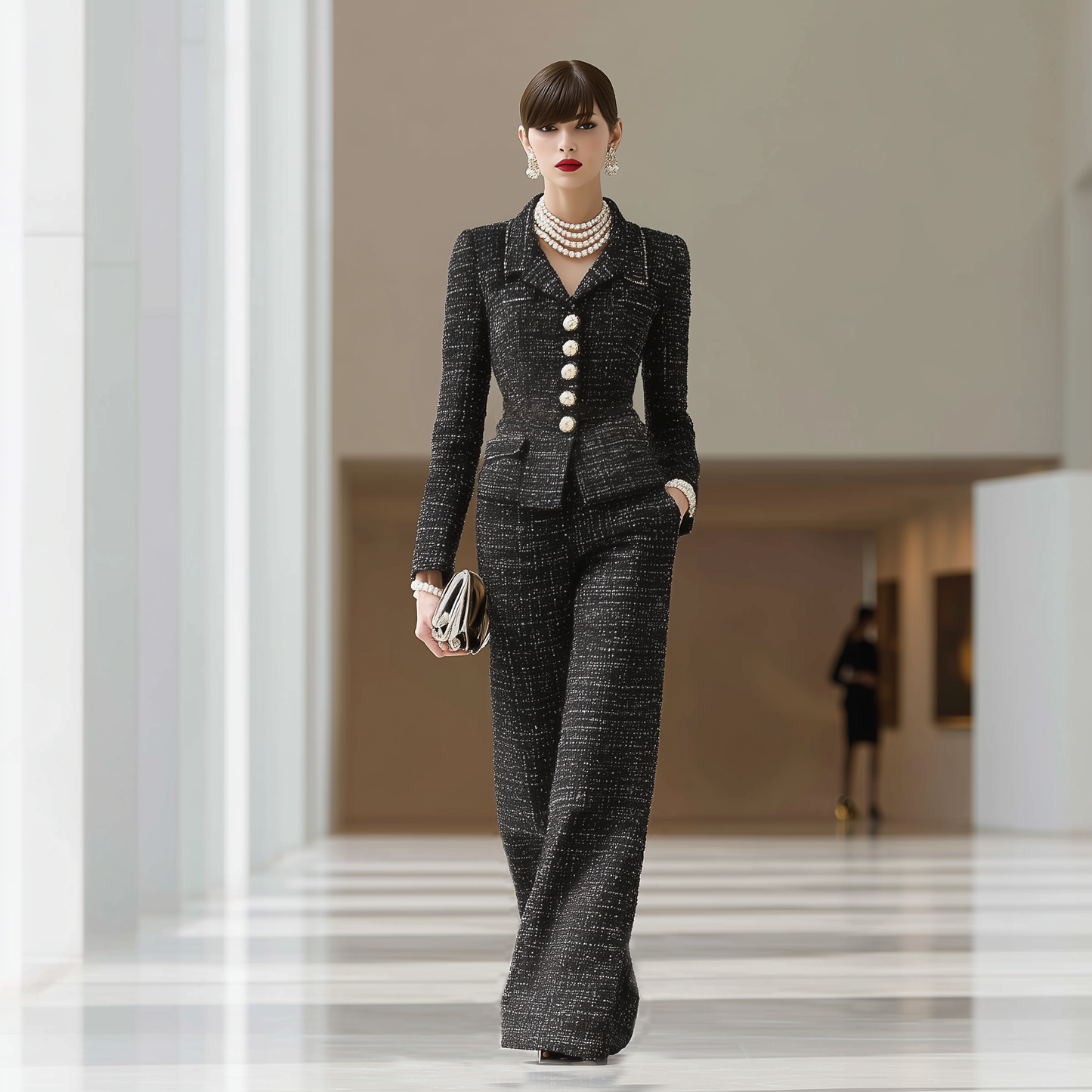 Set de Pantalons Amples en Tweed Noir à Boutons Élégants