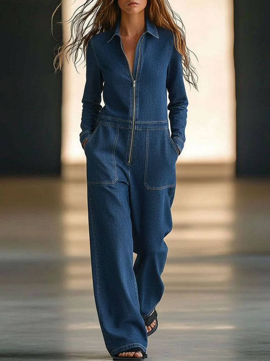 Salopette Rétro en Denim Bleu à Zip - Manches Longues et Jambes Amples