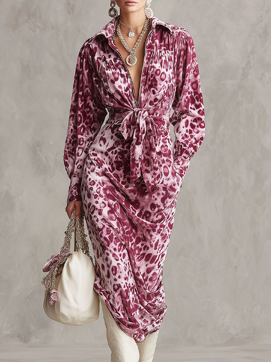 Robe Midi en Velours Imprimé Léopard avec Zip Demi-Ouverture