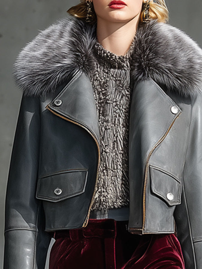 Veste grise en cuir synthétique avec col en fourrure zippé - Style vintage décontracté