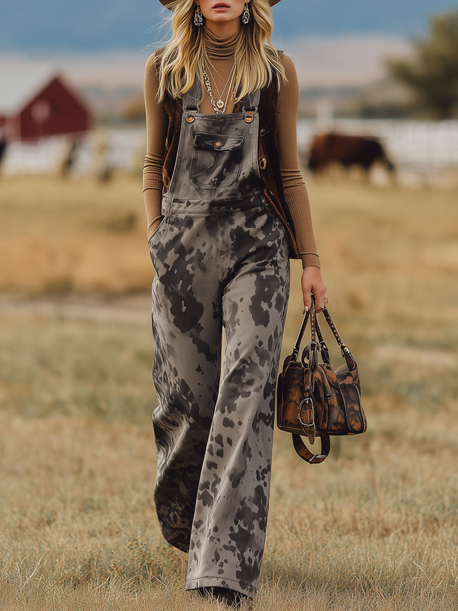 Salopette Grise en Faux Suède à Motif Vache - Style Nomade Rétro Western