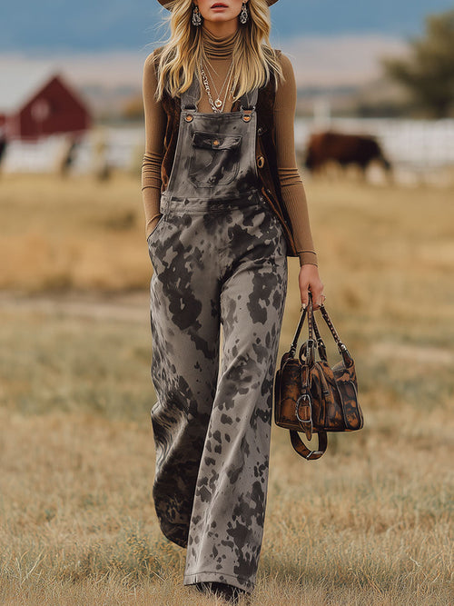 Salopette Oversize en Velours Gris à Motif Vache - Style Rétro Western Nomade