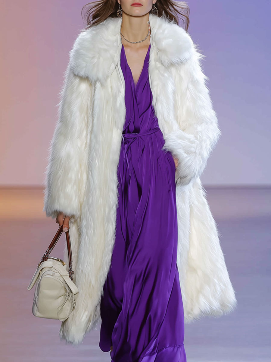 Chic et Élégant Manteau Long en Fausse Fourrure Blanche au Style Rétro