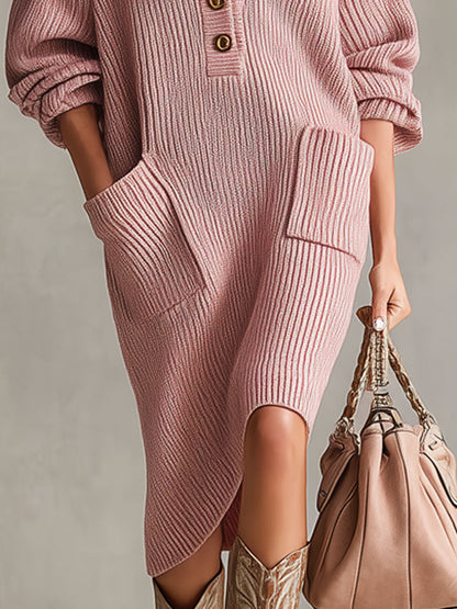 Robe Midi Tricotée à Col Montant, Demi-Ouvert et Poches Pratiques