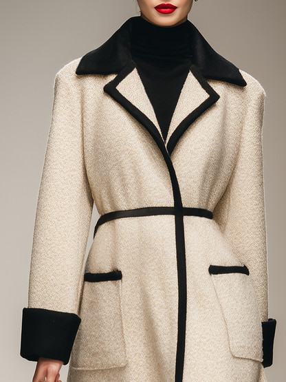 Longue Manteau Élégant Rétro avec Col Revers et Bordure Contrastante