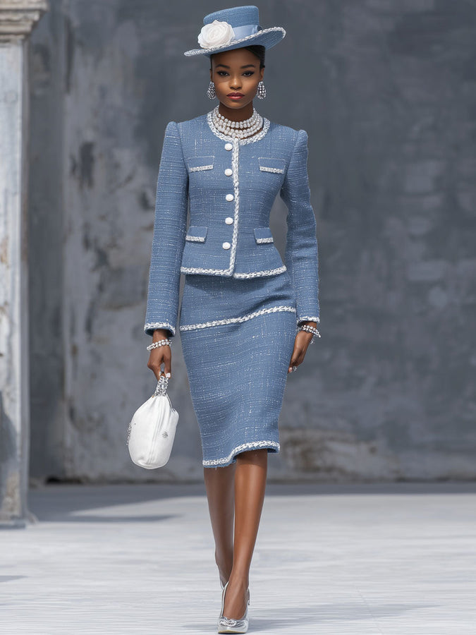 Ensemble Chic en Tweed : Veste et Jupe à Boutonnage Simple