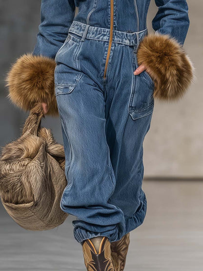 Salopette en Jean Bleu avec Capuche Vintage Wild West et Manches en Éco-Fourrure à Zip