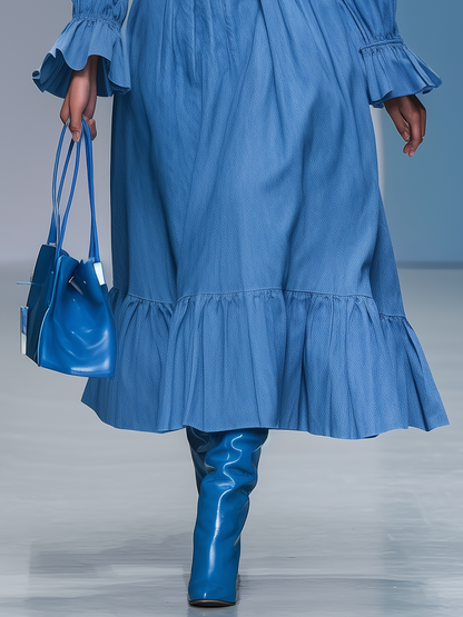 Robe Maxi Rétro en Denim à Manches Longues Dénudées