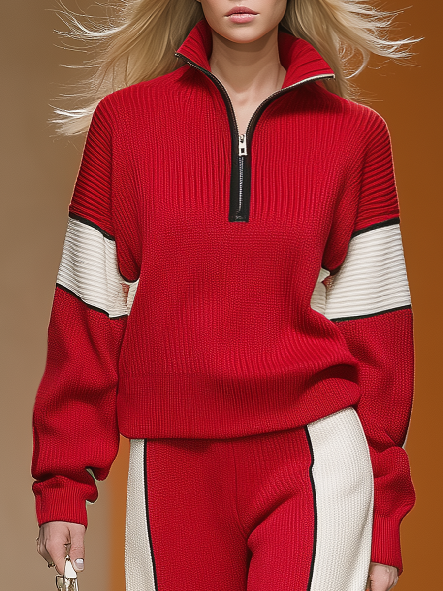 Ensemble Sportif Rétro en Tricot : Haut et Pantalon aux Couleurs Contrastées