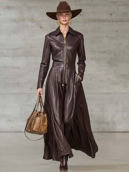 Robe Maxi en Cuir Marron Haut de Gamme avec Fermeture Éclair Avant et Élégantes Manches Longues