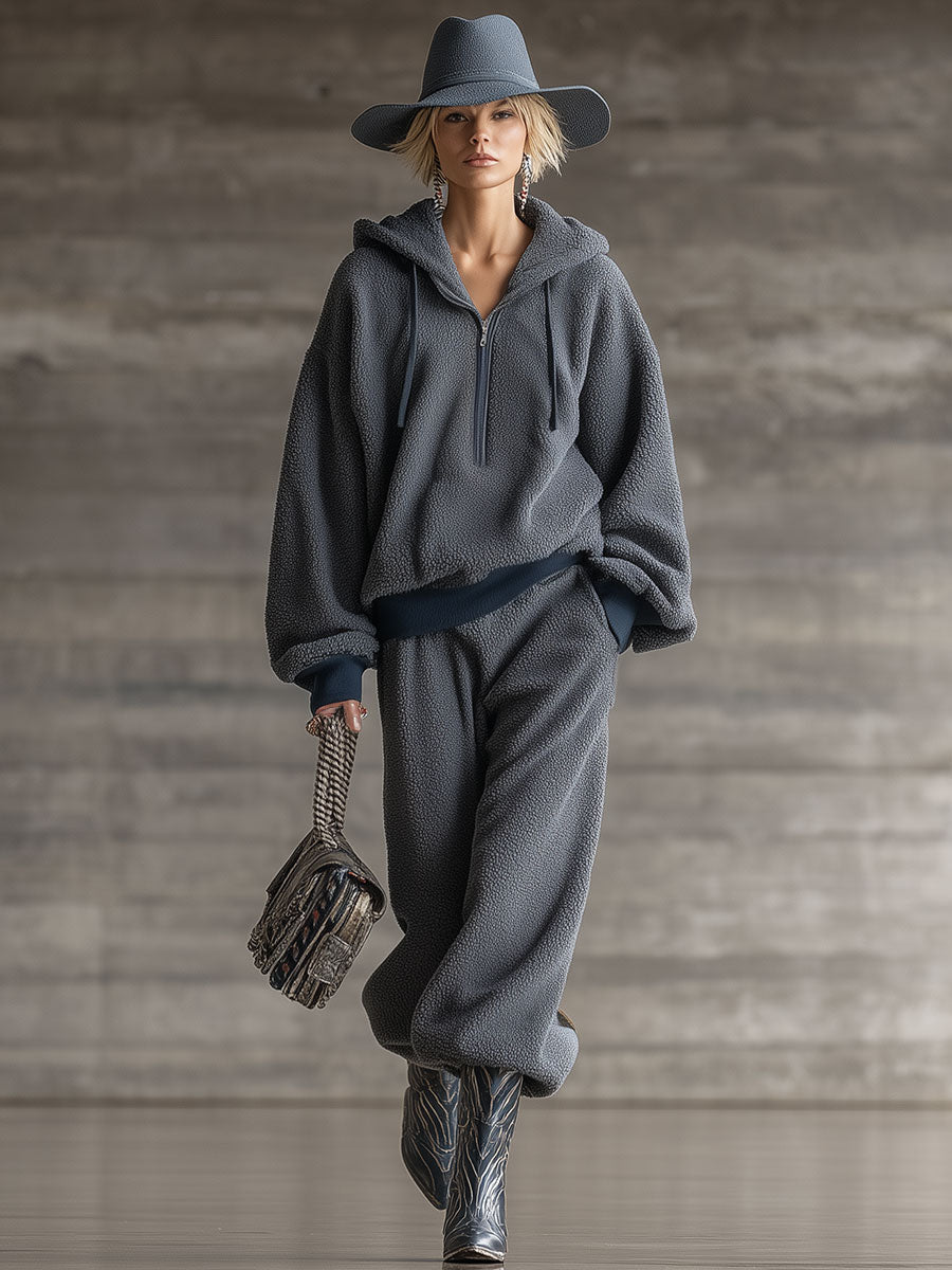 Ensemble Sportif Casual Gris en Polaire à Demi-Zip au Style Rétro