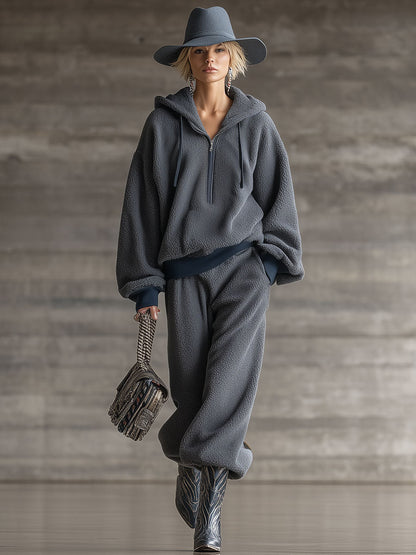 Ensemble Sportif Casual Gris en Polaire à Demi-Zip au Style Rétro