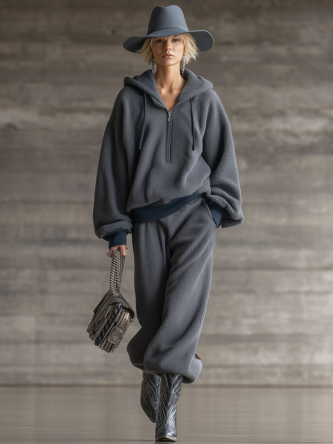 Ensemble Sportif Vintage en Polaire Grise à Demi-Zip