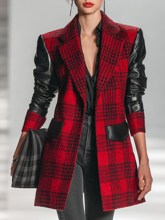 Veste mi-longue en patchwork de faux cuir à carreaux au style rétro