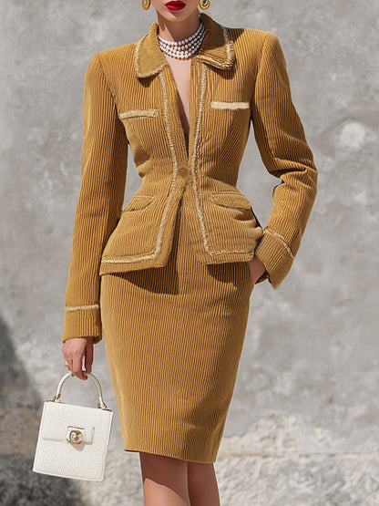 Blazer en Velours Côtelé avec Ourlet Contrastant et Bouton Unique