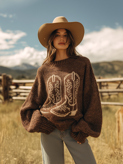 Pull Vintage Col Rond à Motif de Bottes Western