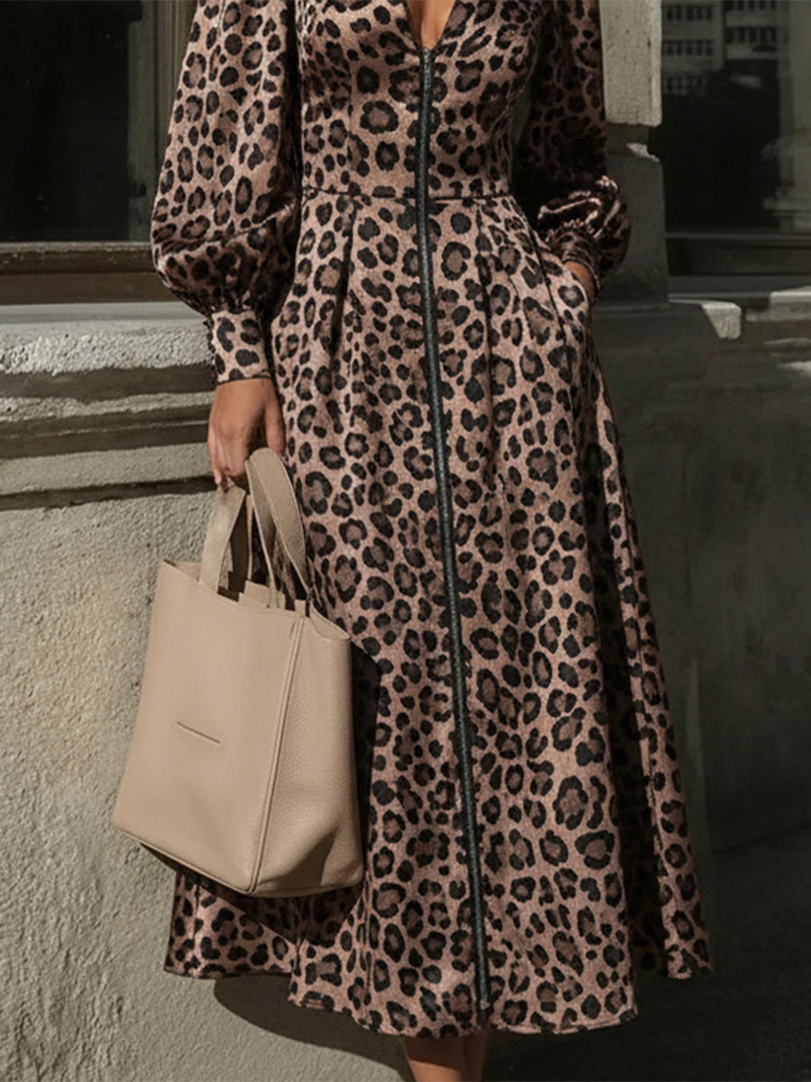 Robe Maxi Vintage à Imprimé Léopard avec Zip