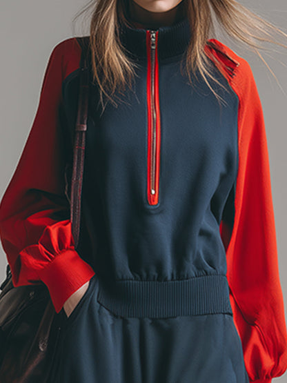 Robe Maxi Sport-Chic en Sweatshirt Bleu Foncé avec Manches Raglan Contrastées