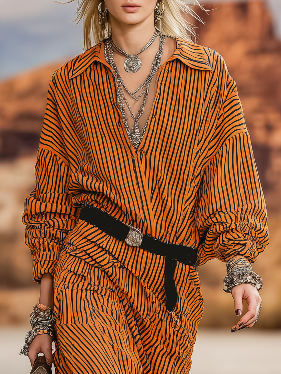 Robe Midi Rétro Orange à Rayures Noires - Style Western Chic