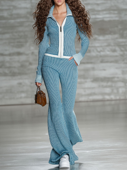 Ensemble Chic en Tricot : Haut à Manches Longues avec Col Zippé et Pantalons Évasés