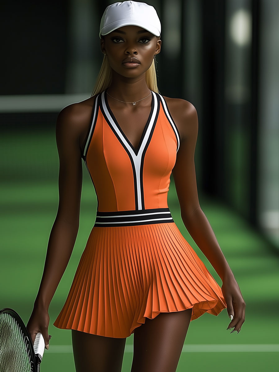 Robe Mini Plissée Sans Manches Orange à Bord Noir et Blanc - Expédition Rapide en 24 Heures !