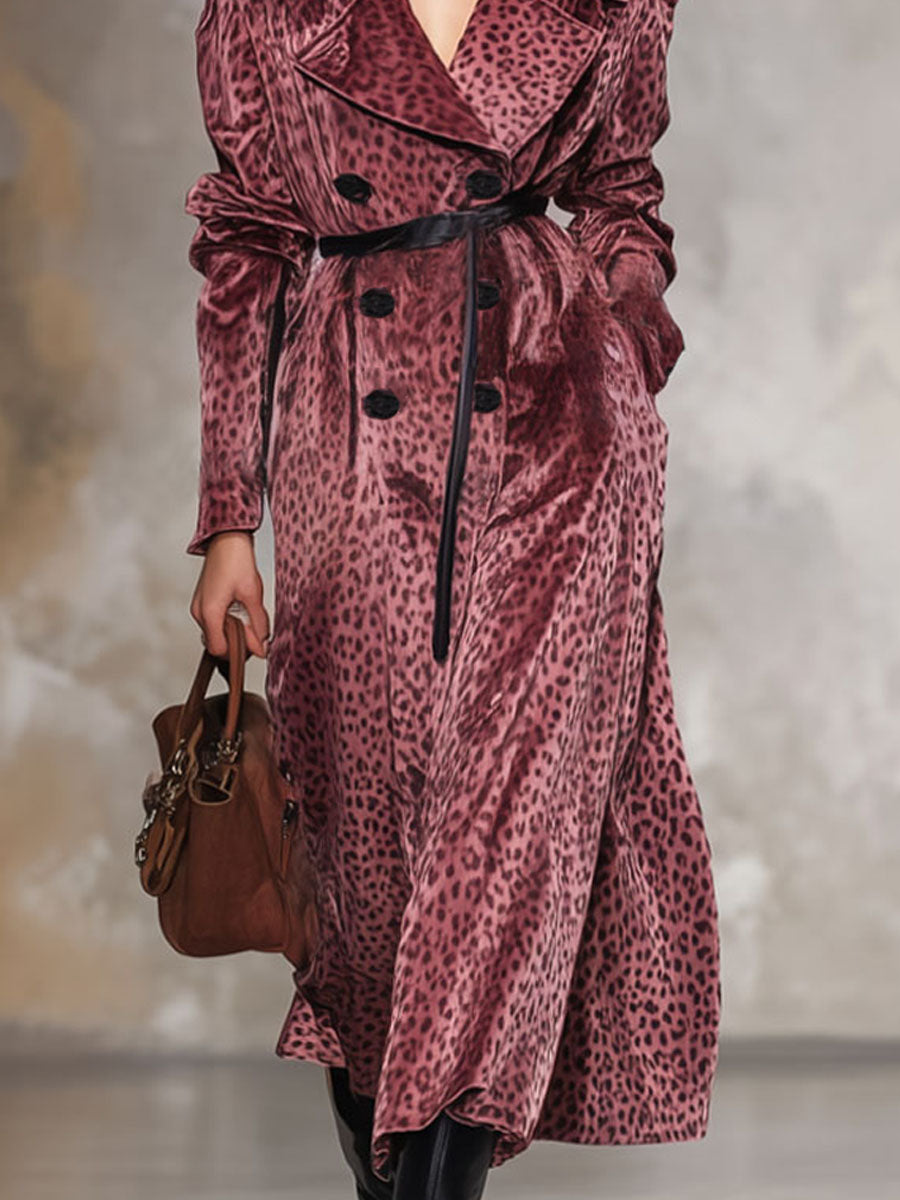 Long Velvet Leopard Print Coat with Double Breasted Design, Dual Pockets, and Relaxed Fit