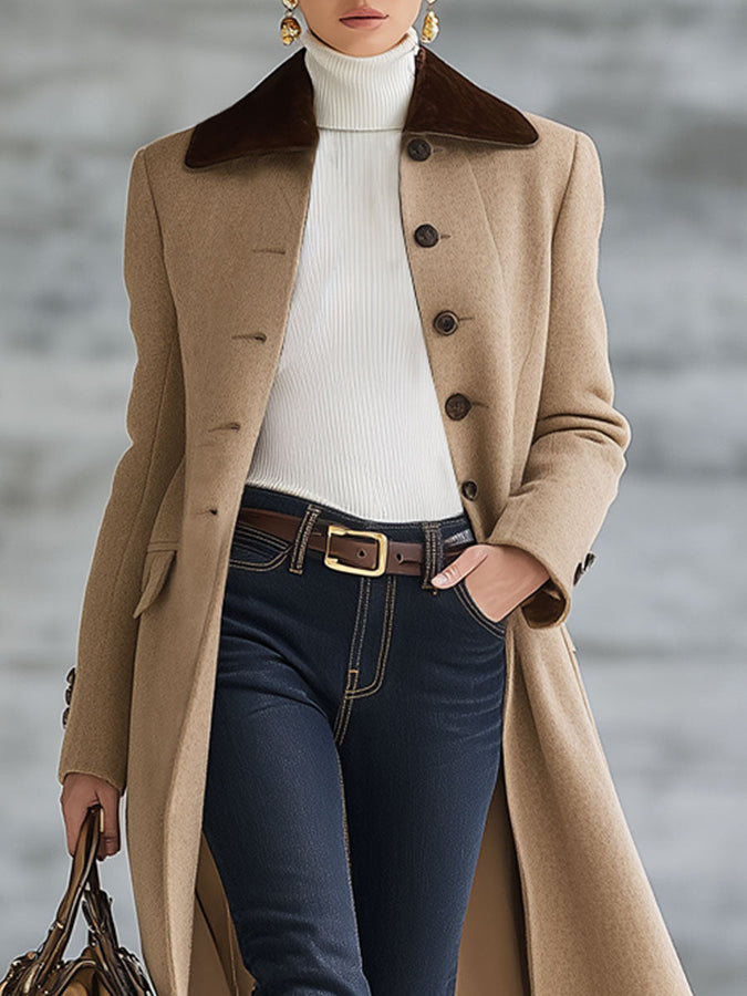 Veste Longue en Suédine Kaki Foncé - Élégance Décontractée au Style Rétro