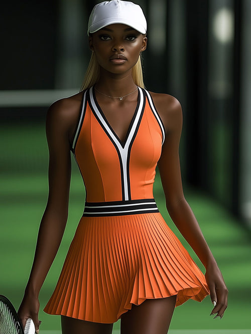 Robe Mini Plissée Orange Sans Manches avec Détails Noirs et Blancs - Expédition en 24 Heures