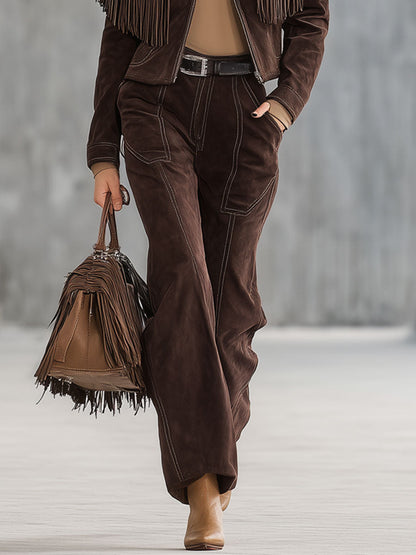 Ensemble Vintage Western en Suédine Cocoa Marron avec Veste à Franges et Pantalon Droit