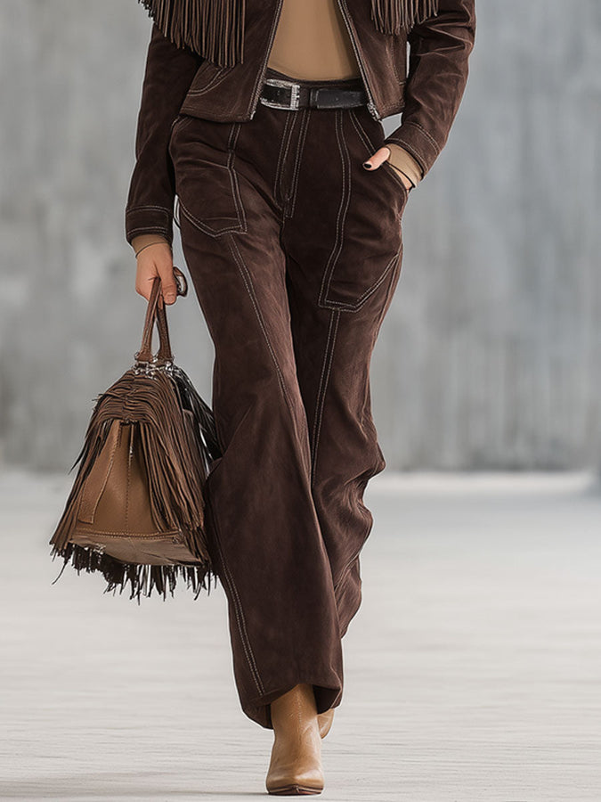 Ensemble Western Vintage : Veste en Suédine Cocoa Brun à Franges et Pantalon Droit