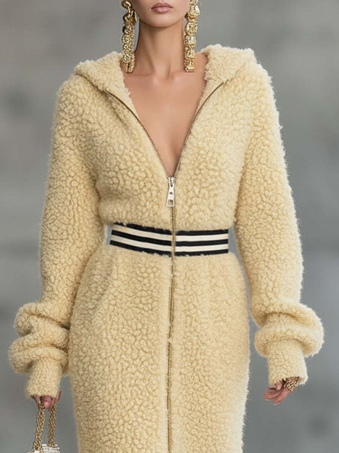 Exquise Robe Midi en Polaire Jaune Rétro avec Capuche, Décolleté en V et Fermeture Éclair