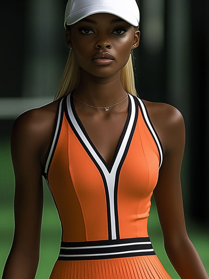 Robe Mini Plissée Orange Sans Manches avec Détails Noirs et Blancs - Expédition en 24 Heures