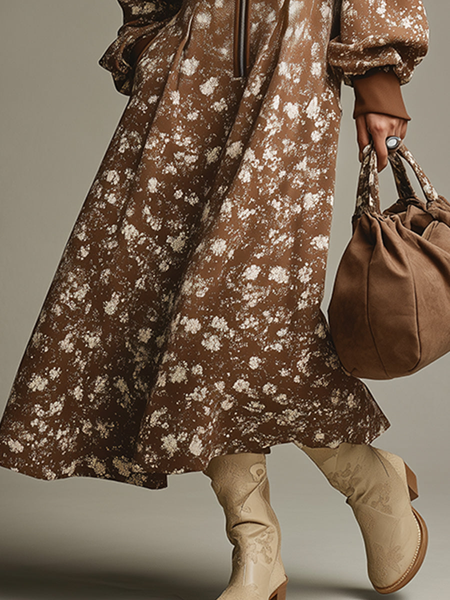 Chic Brown Printed Zip-Up Maxi Sweatshirt Dress