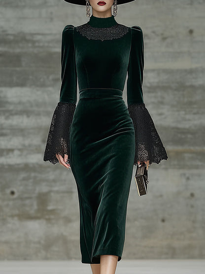 Robe Midi Vintage en Velours Vert avec Détails en Dentelle