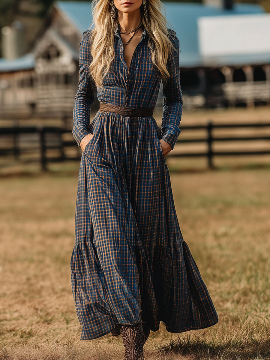 Robe Maxi Longue en Velours Rétro Western à Motifs Carreaux Bleus et Bruns avec Détails à Lacets