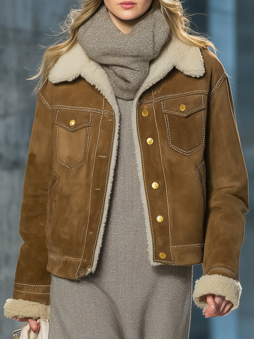 Veste Vintage en Similicuir Brun avec Revers