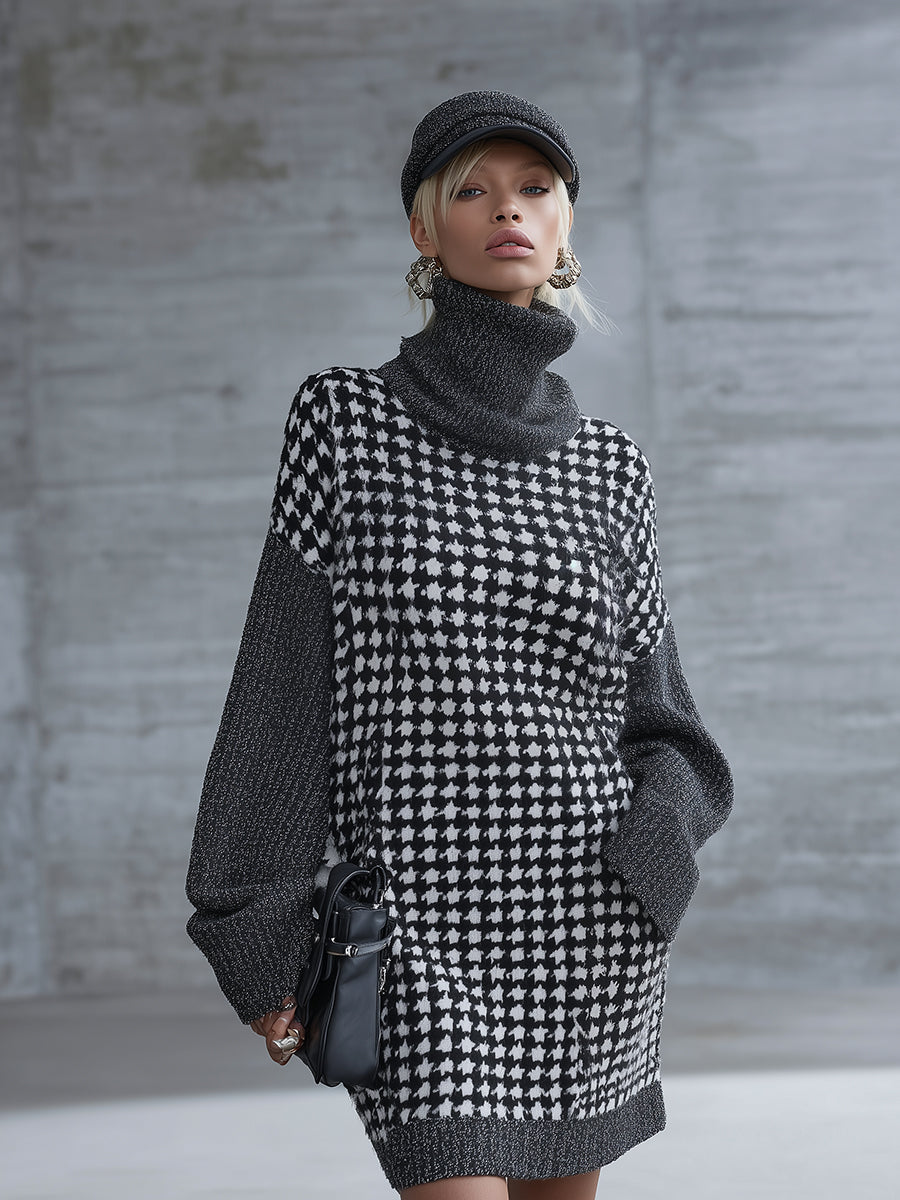 Élégante Robe Mini Tricot Houndstooth Grise avec Col Montant - Luxe à Porter