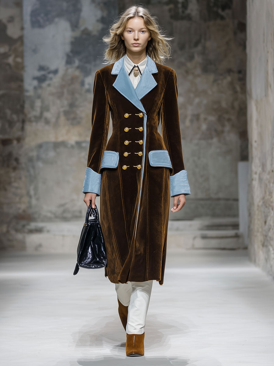 Veste en Velours Chocolat Brun avec Détails Rétro en Bleu