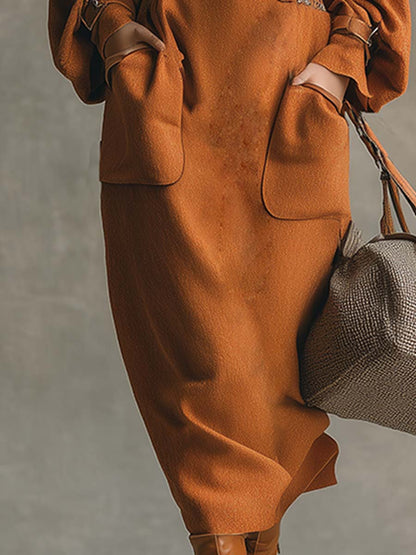 Robe Maxi Évasée en Laine Orange avec Col Rond et Poches Pratiques