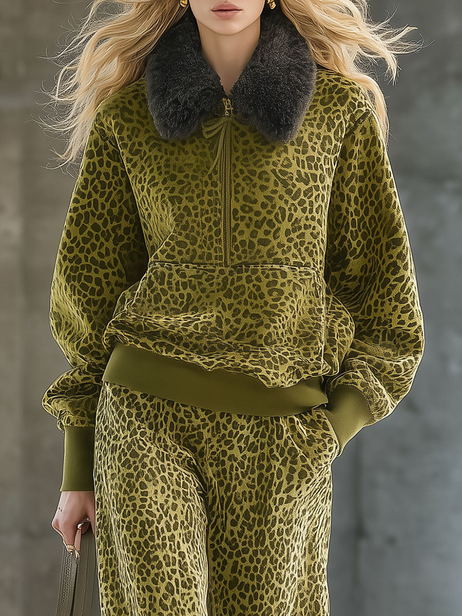 Ensemble Luxe : Sweat à Col en Fausse Fourrure et Pantalon Large Imprimé Léopard