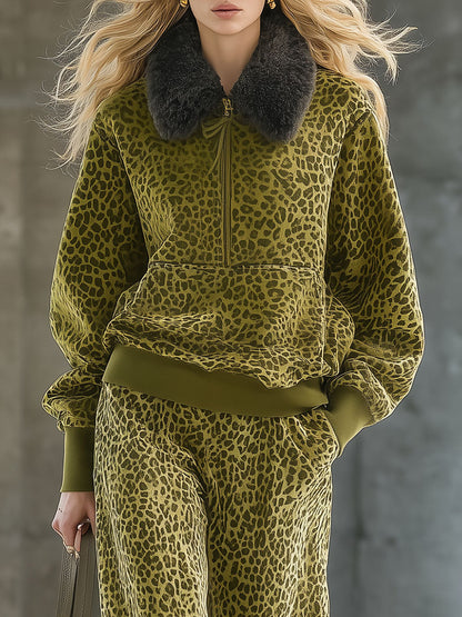 Luxueux Ensemble en Velours à Imprimé Léopard : Sweat à Col en Fausse Fourrure et Pantalon Large